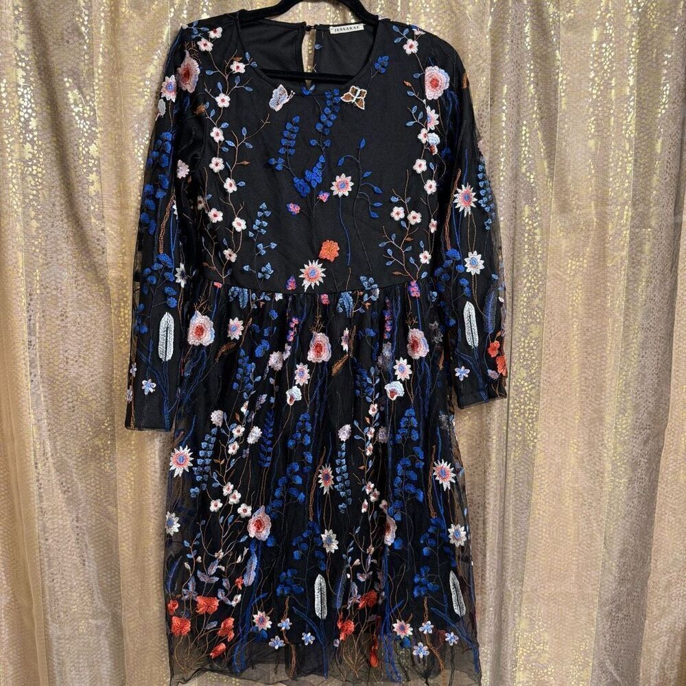 JessaKae Black Blue red Floral Embroidered Long Sleeve Dress Small